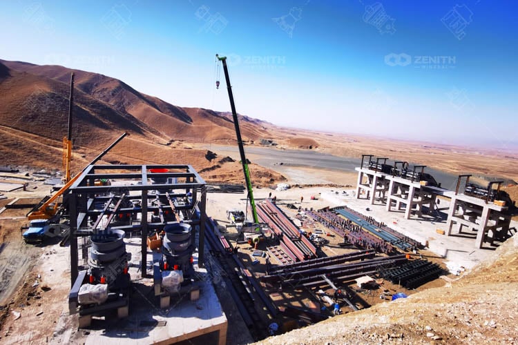 crusher installation work at open pit quarry surface mining aggregate site`
